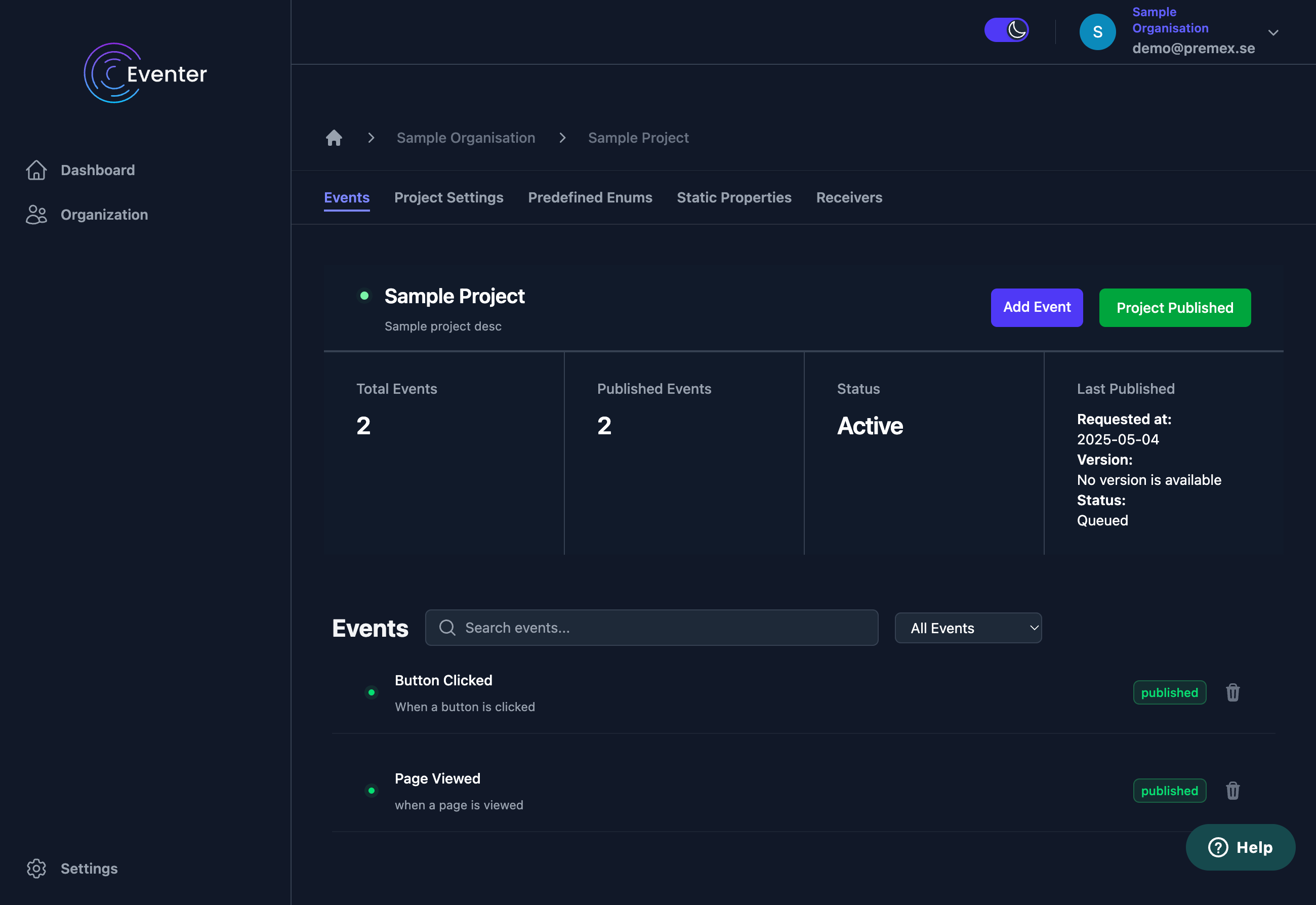 Eventer platform dashboard screenshot showing a sample project interface